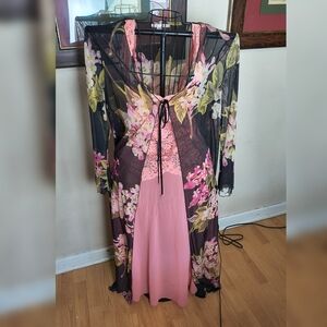 Vintage Victoria's Secret sheer long black robe with pink floral design